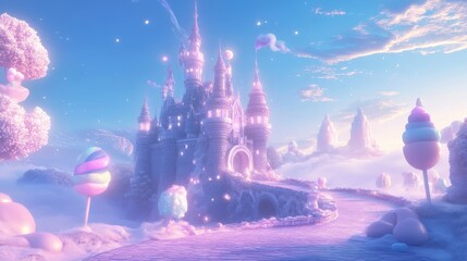 A whimsical castle surrounded by candy trees and a dreamy landscape, evoking fantasy and enchantment in pastel hues.
