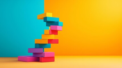 Plastic blocks stacked to create a spiral staircase, playful and dynamic composition, spiral blocks, abstract toy architecture
