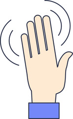 Illustration of a hand waving with motion lines, symbolizing greeting or farewell.