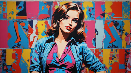 Pop Art Woman in Denim with Abstract Background
