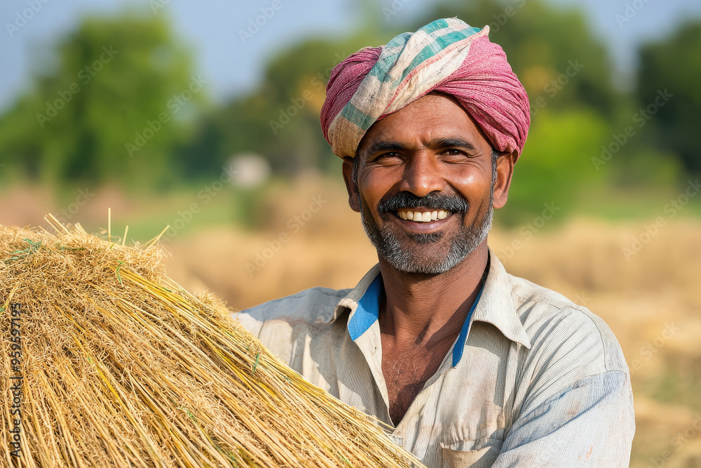 Wall mural happy indian farmer sitting in the farm