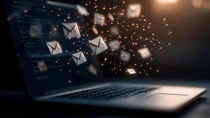 Fototapeta premium A laptop displays floating email icons and sparks, symbolizing digital communication and technology in a modern workspace.