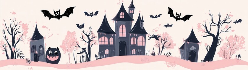 A whimsical Halloween scene featuring a spooky castle, flying bats, and eerie trees set against a pastel backdrop.