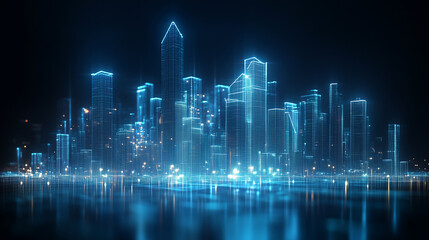 Smart city concept, glowing line drawing of city on dark background, technology and digital elements