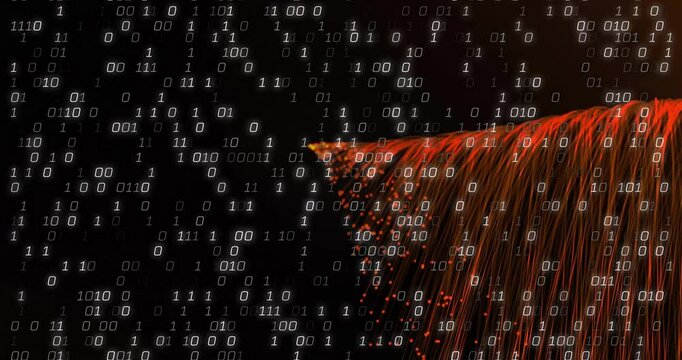Binary code animation over fiber optic cables on dark background