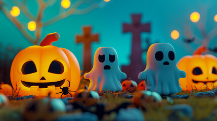 Fototapeta premium A world of Halloween pumpkins living around a graveyard..