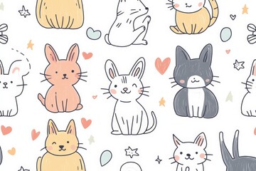Pattern with hand-drawn doodles of cute animals, such as cats, dogs, and rabbits. Use a playful color scheme with pastel hues and include small, whimsical elements like hearts and stars