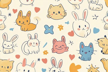 attern with hand-drawn doodles of cute animals, such as cats, dogs, and rabbits. Use a playful color scheme with pastel hues and include small