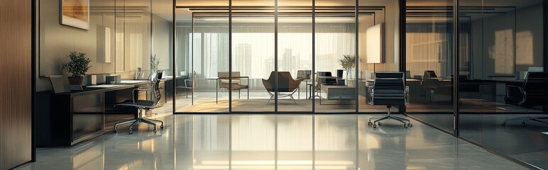 Modern office interior with glass walls and a view of the city skyline through large windows.