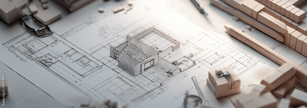 Poster miniature model house placed on blueprints with construction materials.
