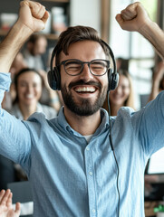 Fototapeta premium young man wearing headphones and enjoying at call center