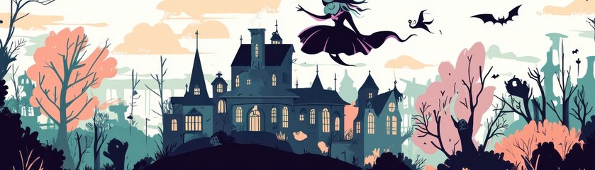 Obraz premium A whimsical illustration of a haunted mansion amidst a spooky landscape, featuring bats and a witch in flight.
