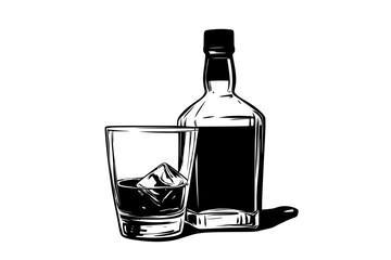Filled glass of whiskey beside a sealed bottle with ice cubes, vector illustration art