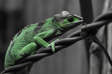 Fototapeta premium Green and Black Chameleon Balancing on a Branch