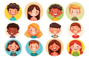Happy kids avatars. Cute children smiling, boy girl in rounds vector set. Illustration girl and boy avatar, happy kids, child happiness 
