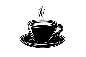 Obraz premium Steaming cup of black coffee with a frothy surface, placed on a plain saucer, vector illustration art