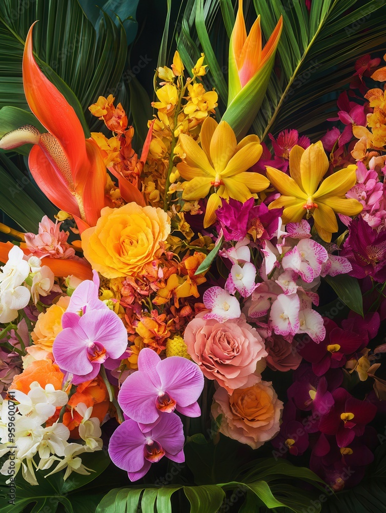 Poster tropical flowers showcase vivid colors and exotic shapes, creating a stunning display that brightens