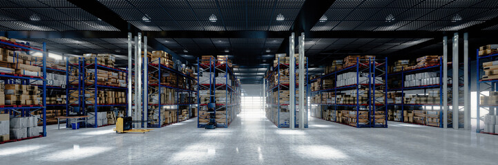 Panoramic view at large warehouse with numerous items and rows of shelves with boxes - 3D Visualization