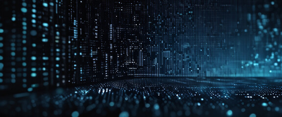 Obraz premium Digital Rain: Abstract futuristic digital landscape, with a cascade of blue data rain, shimmering and reflecting in the dark. A captivating abstract background for technology, innovation, and the digi