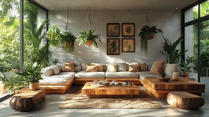 Fototapeta premium Eclectic bohemian living room overflowing with indoor plants, from hanging ferns to large potted palms. The space is cozy with wooden furniture, earthy tones, and soft,