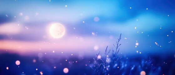 A serene night scene with a glowing moon, soft bokeh lights, and a tranquil blue ambiance, perfect for dreamy visuals.