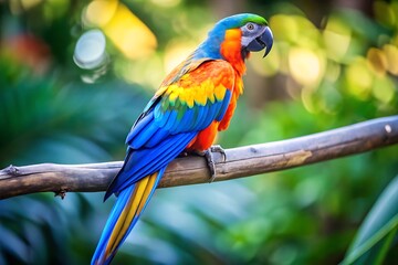 Obraz premium A Colorful Parrot With a Blue Tail Sits on a Branch