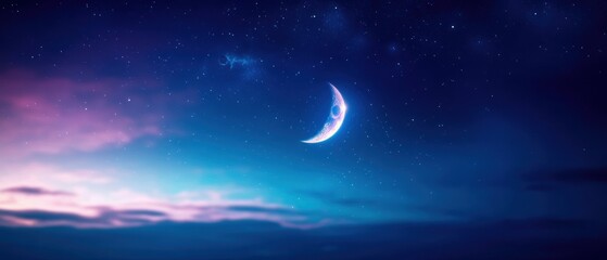 A serene night sky featuring a crescent moon surrounded by soft clouds and twinkling stars in a captivating gradient of colors.