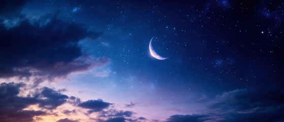 A serene night sky featuring a crescent moon surrounded by shimmering stars and soft, colorful clouds at dusk.