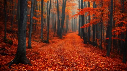 Fototapeta premium A path through a misty forest with red and orange leaves.