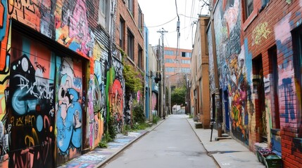 Fototapeta premium A narrow alleyway with graffiti-covered brick walls, a paved path, and green bins.