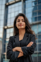 Fototapeta premium young indian business woman standing near office building