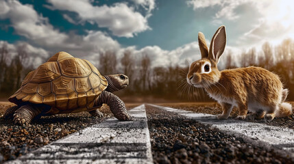 tortoise and the hare facing on a race track