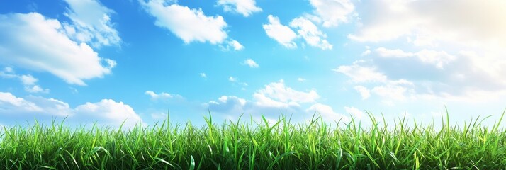 Obraz premium Lush green grass field against a bright blue sky with fluffy white clouds.