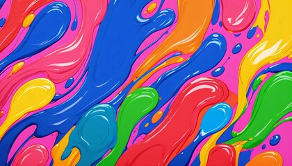 Abstract colorful liquid paint swirls on pink background.