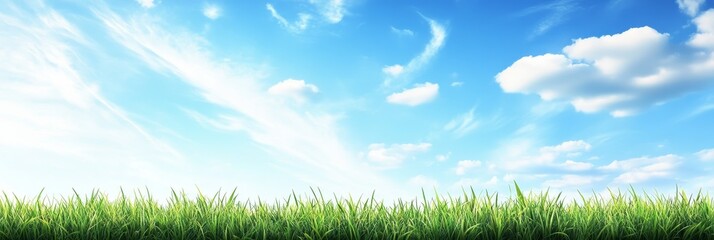 Obraz premium Green grass blades against a bright blue sky with fluffy white clouds.