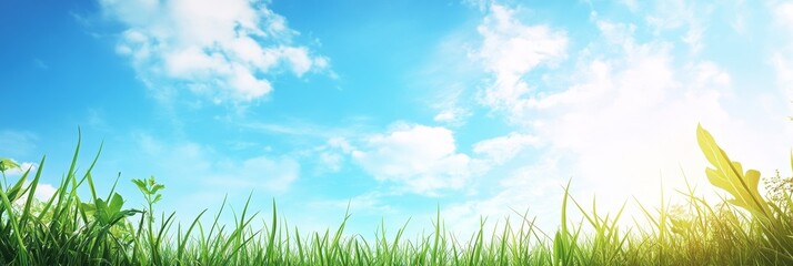 Green grass against a blue sky with fluffy white clouds.