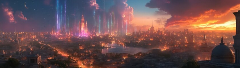 A sweeping long shot of a historical urban landscape blending ancient architecture with modern digital enhancements