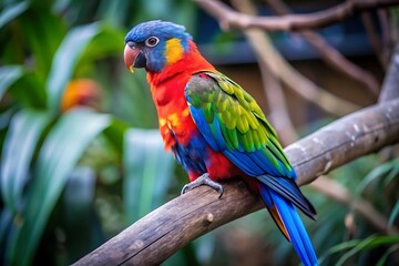 Obraz premium A Colorful Parrot With a Blue Tail Sits on a Branch