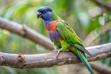 Obraz premium A Colorful Parrot With a Blue Tail Sits on a Branch