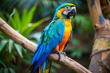 Obraz premium A Colorful Parrot With a Blue Tail Sits on a Branch