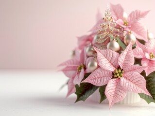 Beautiful pink poinsettia flowers adorned with silver ornaments, perfect for holiday decor and festive celebrations.