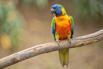 Obraz premium A Colorful Parrot With a Blue Tail Sits on a Branch