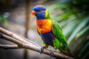 Obraz premium A Colorful Parrot With a Blue Tail Sits on a Branch