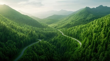 Obraz premium A stunning aerial view of lush green mountains and winding road, showcasing the beauty of nature and serenity of the landscape.