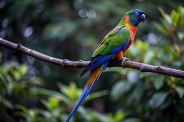 Obraz premium A Colorful Parrot With a Blue Tail Sits on a Branch