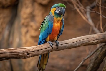Obraz premium A Colorful Parrot With a Blue Tail Sits on a Branch