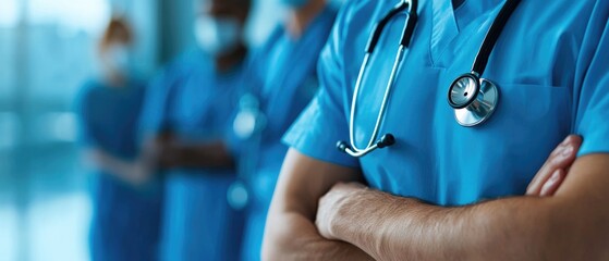 Confident doctors and nurses standing in a row, focus on stethoscope, teamwork in healthcare, professional medical staff