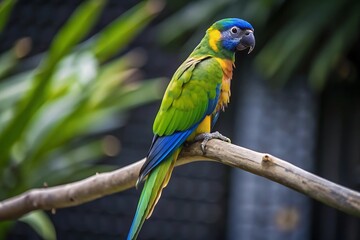 Obraz premium A Colorful Parrot With a Blue Tail Sits on a Branch