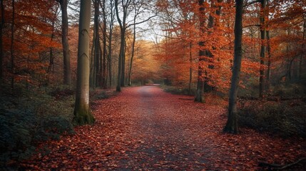 Obraz premium A path through an autumn forest, leaves covering the ground and trees with vibrant orange foliage.