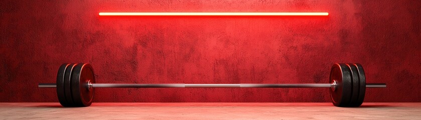 Dark gym interior illuminated by red neon lights, intense and moody atmosphere, weightlifting equipment, industrial style